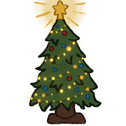 A green tree in a triangular shape with a brown trunk. It is decorated in gold lights and red and blue baubles. It has a shining star on top.